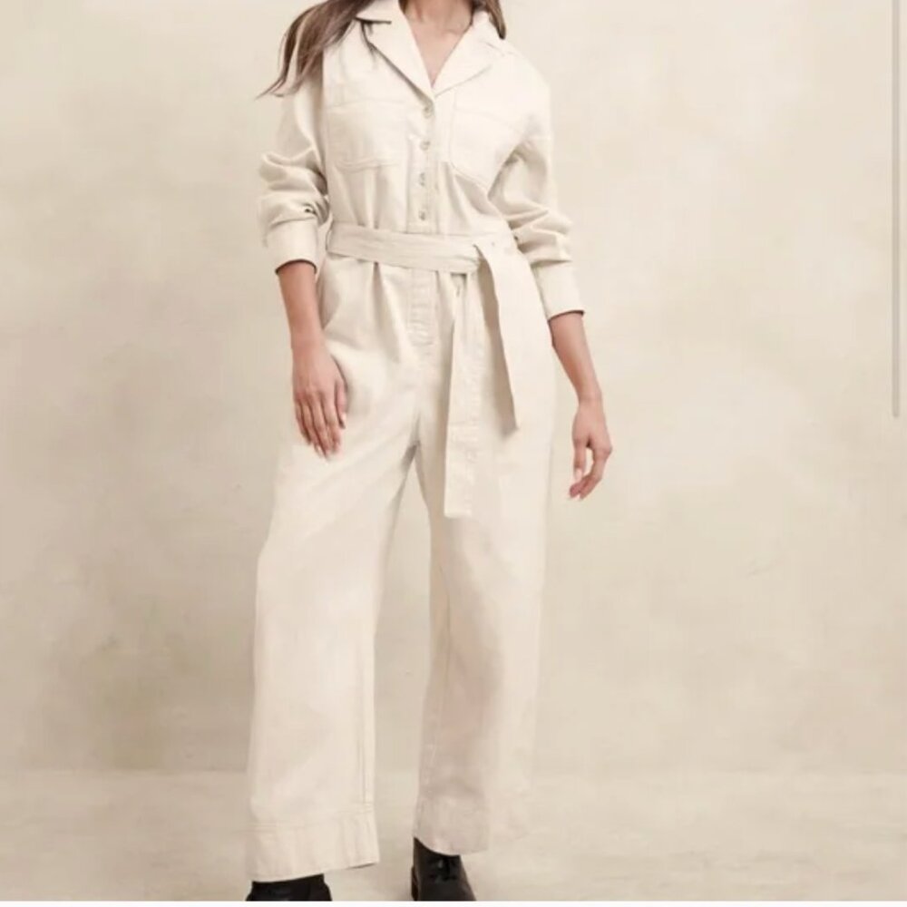 Banana Republic Tailored Denim Belted Jumpsuit In Ecru Preppy Basic Capsule